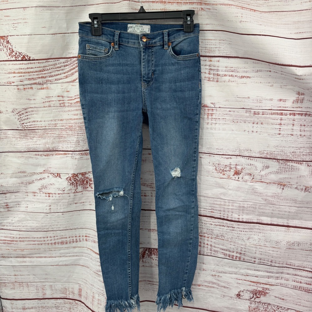 Free People High Rise Skinny‎ Jeans Distressed Frayed Hem Blue W 26
